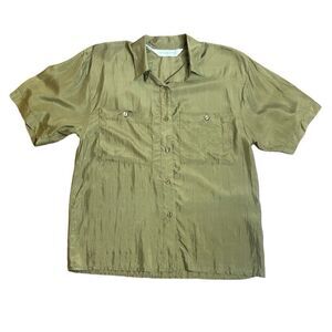 90s Vintage Victoria Wear Green 100% silk button down short sleeve camp shirt L